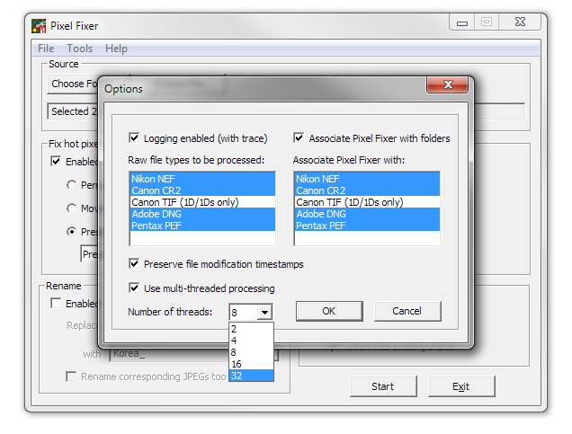 Control file/folder associations, number of processing threads, etc.